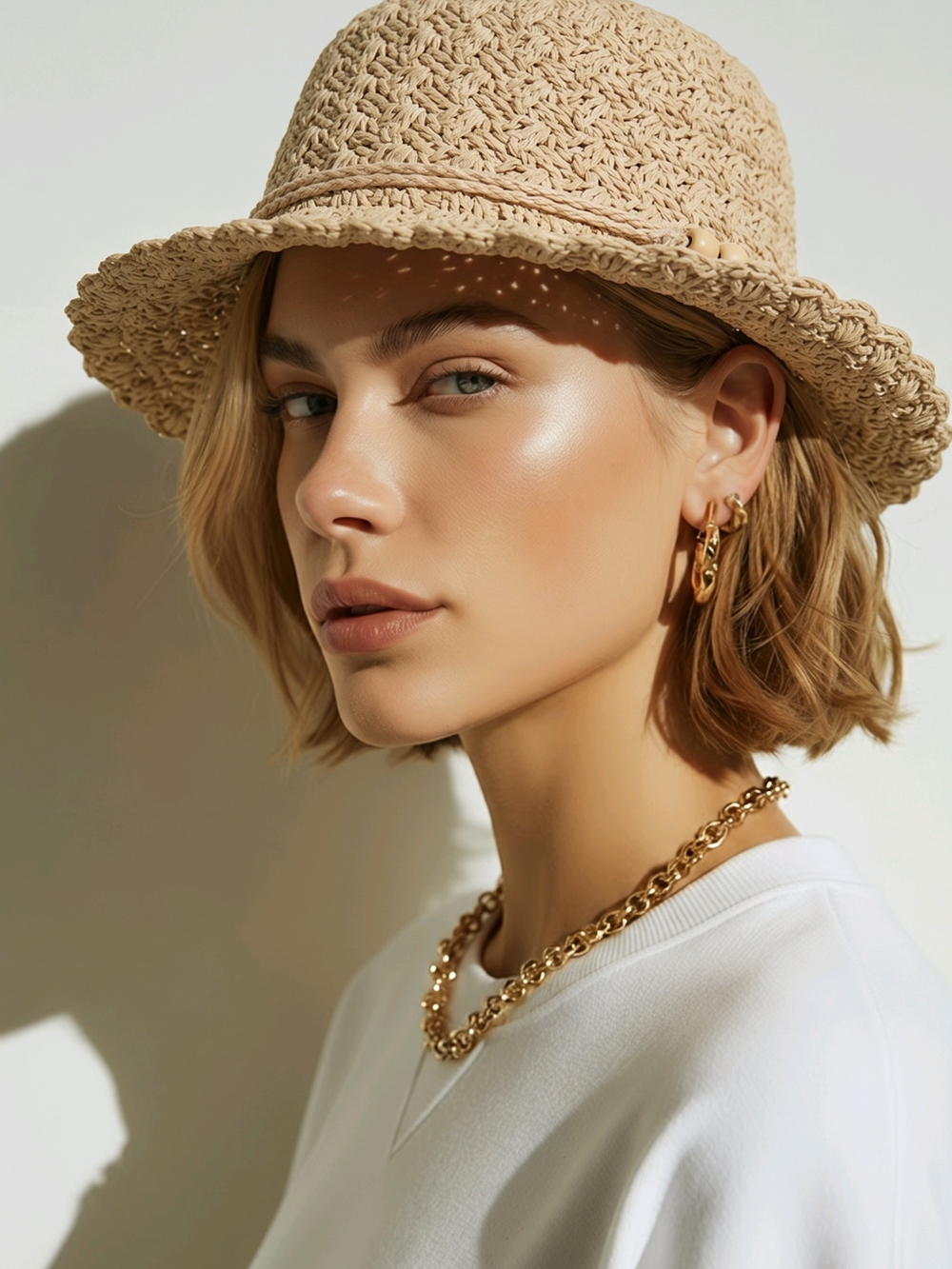 Women's Beige Crochet Woven Bucket Sun Hat Boho Beach Vacation
